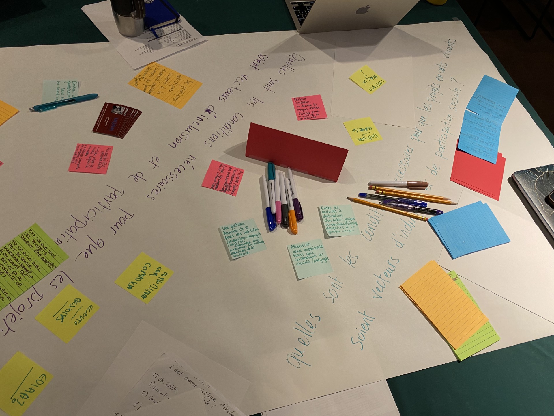 Lors de l'événement « L'art vivant comme vecteur d'inclusion sociale », vue plongeante sur un grand papier blanc, avec des questions écrites dessus, et sur lequel sont collés des post-it de différentes couleurs.